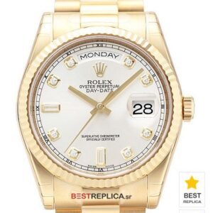 Rolex Day-Date White Dial Diamond Markers Fluted Bezel 18k Gold