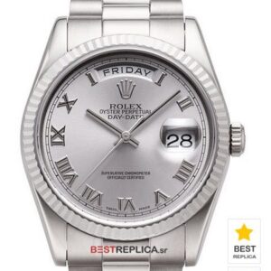 Rolex Day-Date Silver Dial Roman Markers Fluted Bezel 18k white Gold